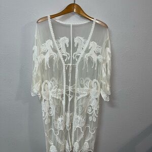White Sheer Horse and Floral Embroidered Kimono